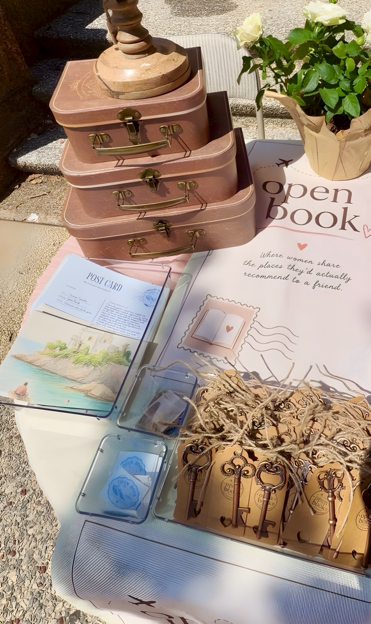 Open Book activation with vintage keys, postcards, and branded materials