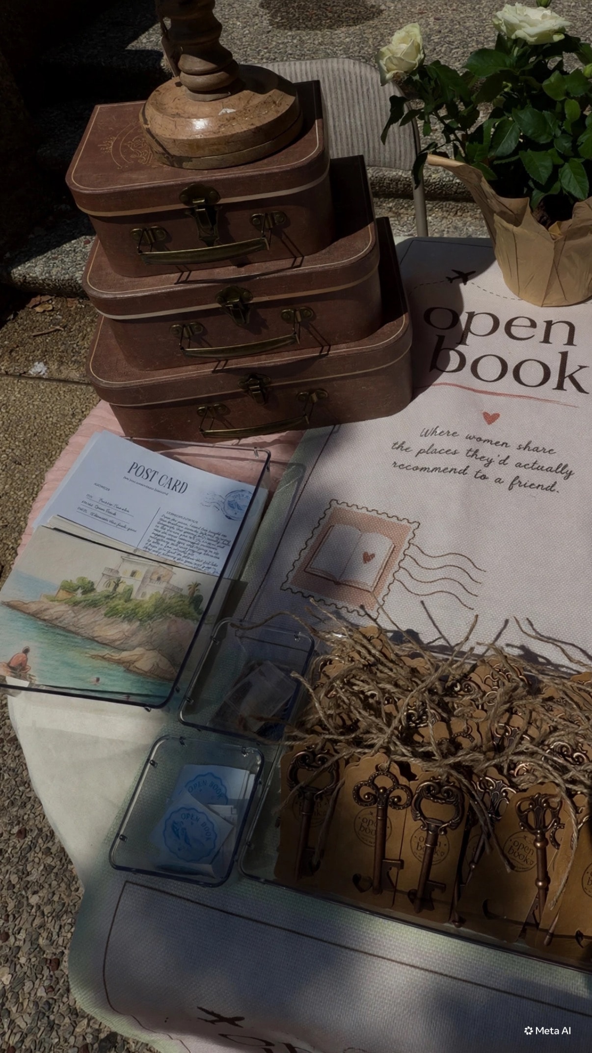 Vintage suitcases, travel journals, and Open Book branded materials