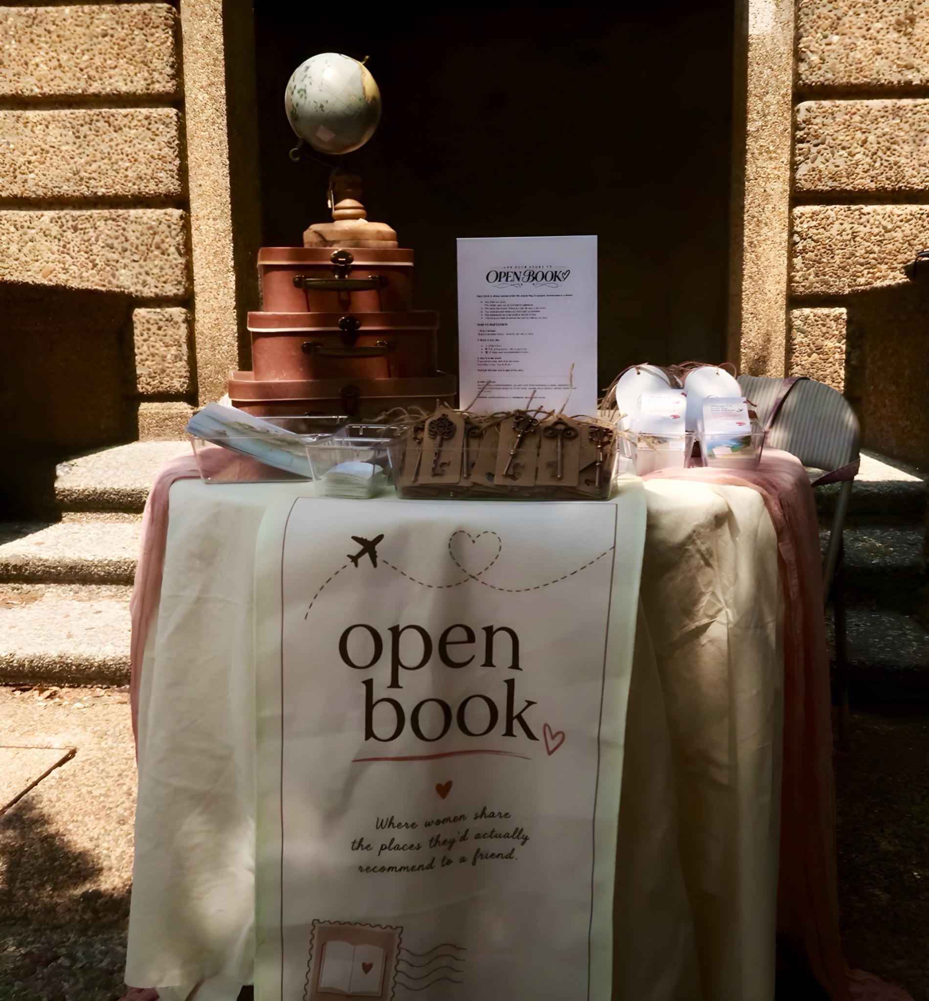 Open Book activation table display with globe and suitcases